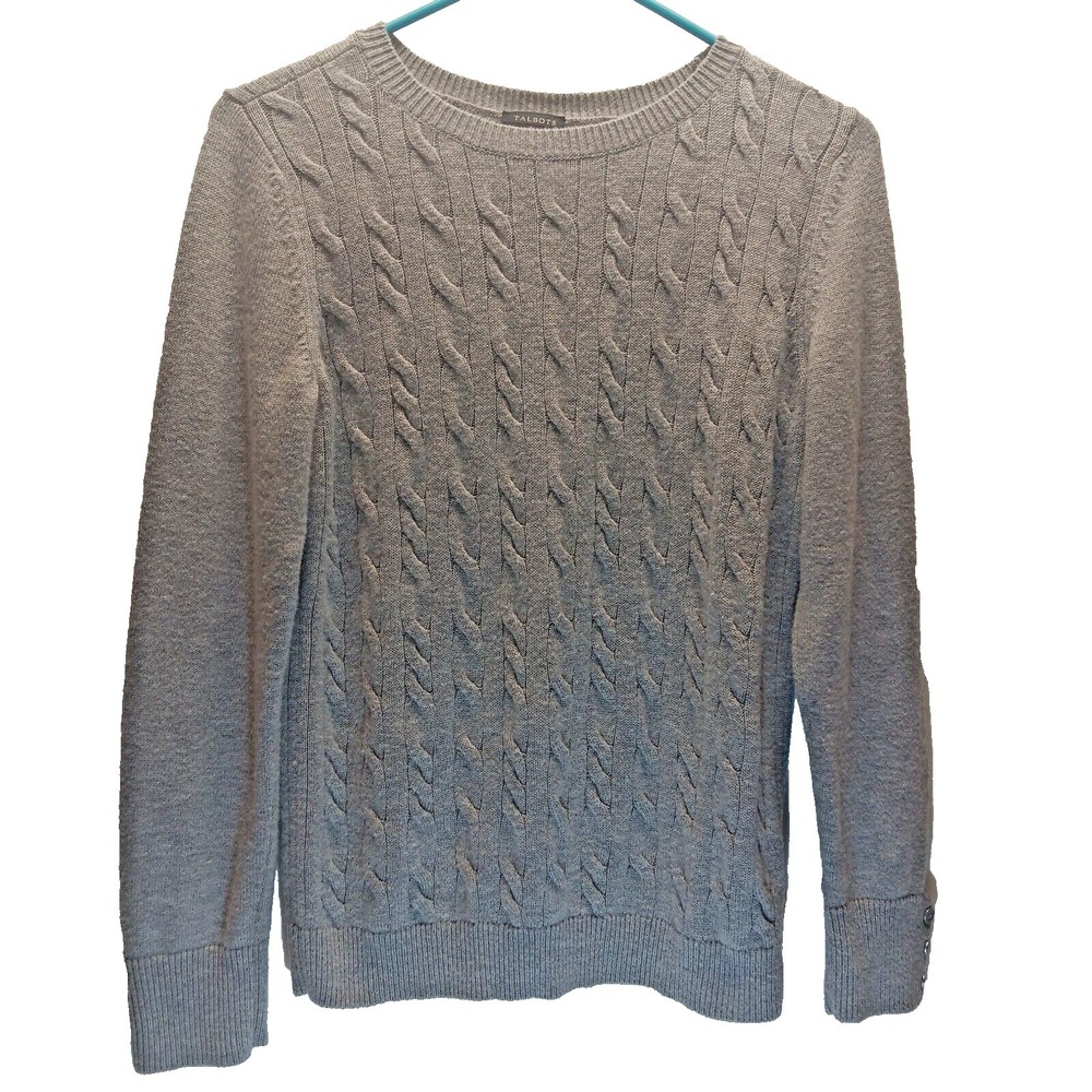 Talbots Cable Knit Sweater Women's Medium‎ Gray Wool Blend Pullover Crewneck EUC